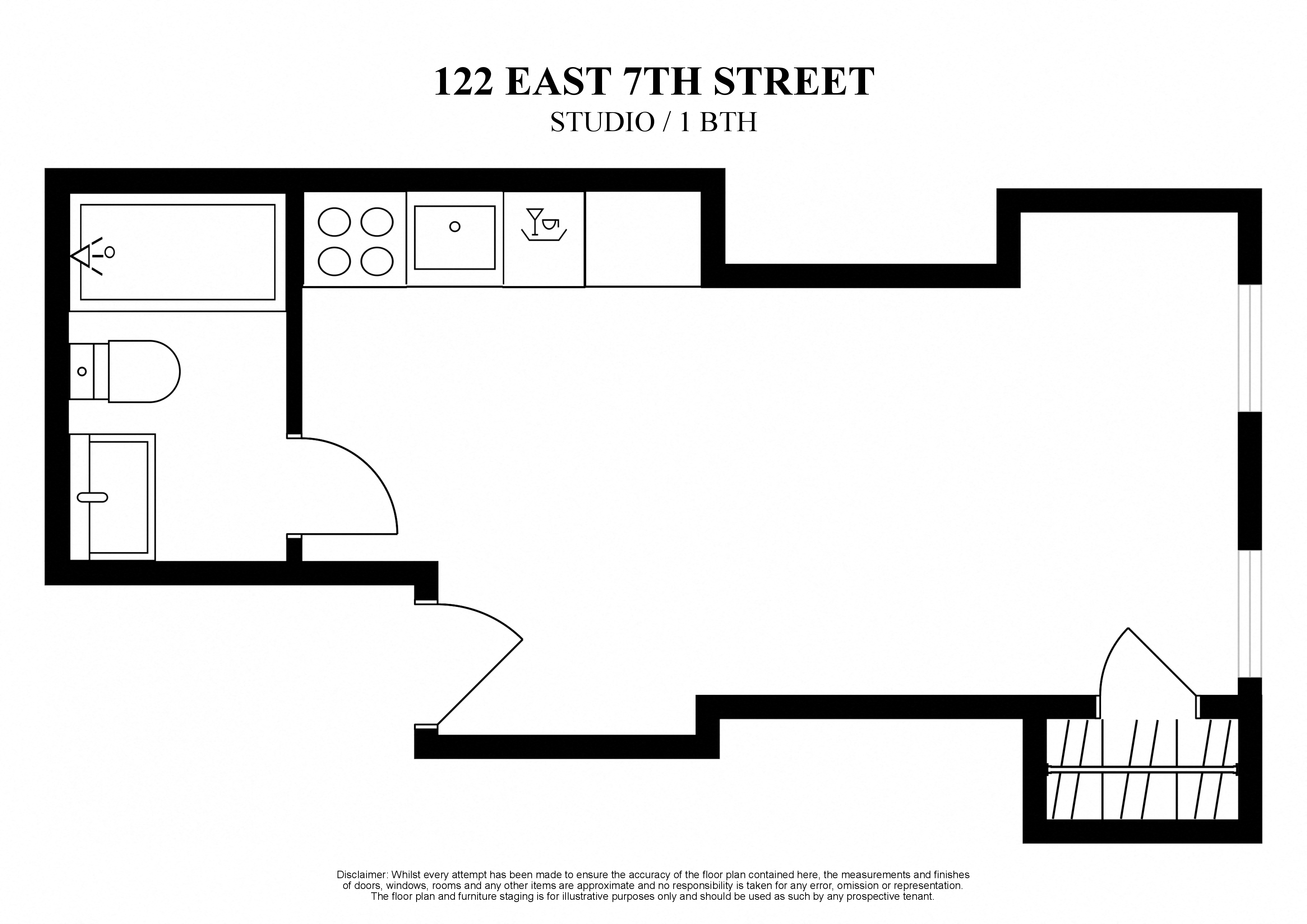 Floor plan for studio, 1 bath, 500 sqft